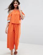 Asos Cold Shoulder Cotton Jumpsuit With Embroidery - Orange