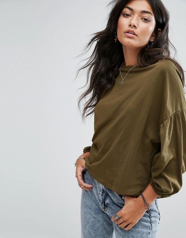 Pull & Bear Balloon Sleeve Jersey Top - Green