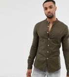 Asos Design Tall Skinny Fit Casual Oxford Shirt In Khaki With Grandad Collar - Green