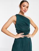 Asos Design One Shoulder Satin Top With Tie Side In Forest - Part Of A Set-green