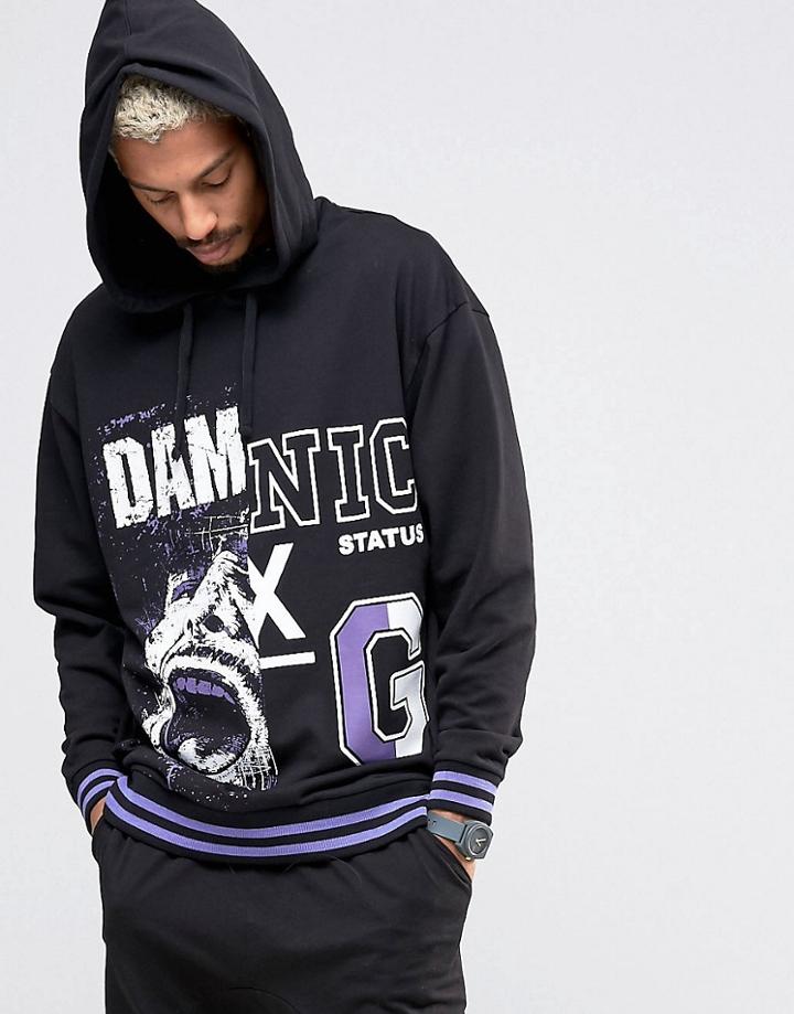 Asos Longline Oversized Hoodie With Print & Striped Cuffs - Black