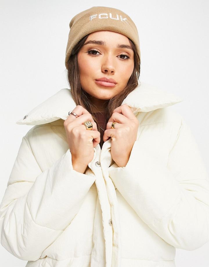 Fcuk Small Logo Beanie Hat In Camel-neutral