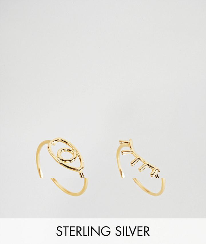 Asos Gold Plated Sterling Silver Pack Of 2 Eye And Eyelash Rings - Gold