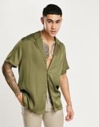 Asos Design Satin Wrap Shirt With Single Button In Khaki-green