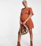 Asos Design Maternity Button Up Tie Back Mini Tea Dress With Angel Sleeve In Rust Spot Print-multi