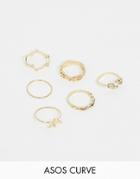Asos Design Curve Pack Of 6 Rings With Jewel Butterfly And Leaf Design In Gold - Gold