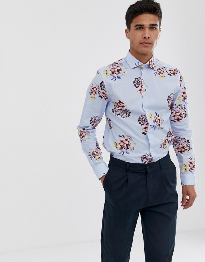 Moss London Skinny Fit Shirt With Blue Floral Print - Blue