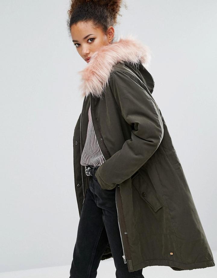 Pull & Bear Longline Parka With Pink Faux Fur Hood - Green