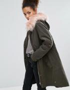 Pull & Bear Longline Parka With Pink Faux Fur Hood - Green