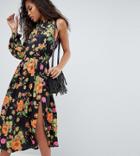 Asos Design Tall One Shoulder Balloon Sleeve Midi Dress In Floral Print - Multi