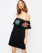 Asos Denim Embroidered Bardot Dress In Washed Black - Washed Black