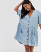 River Island Smock Dress With Button Through In Chambray-blue