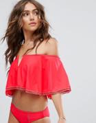Rare London Bardot Frill Coral Bikini Top - Orange