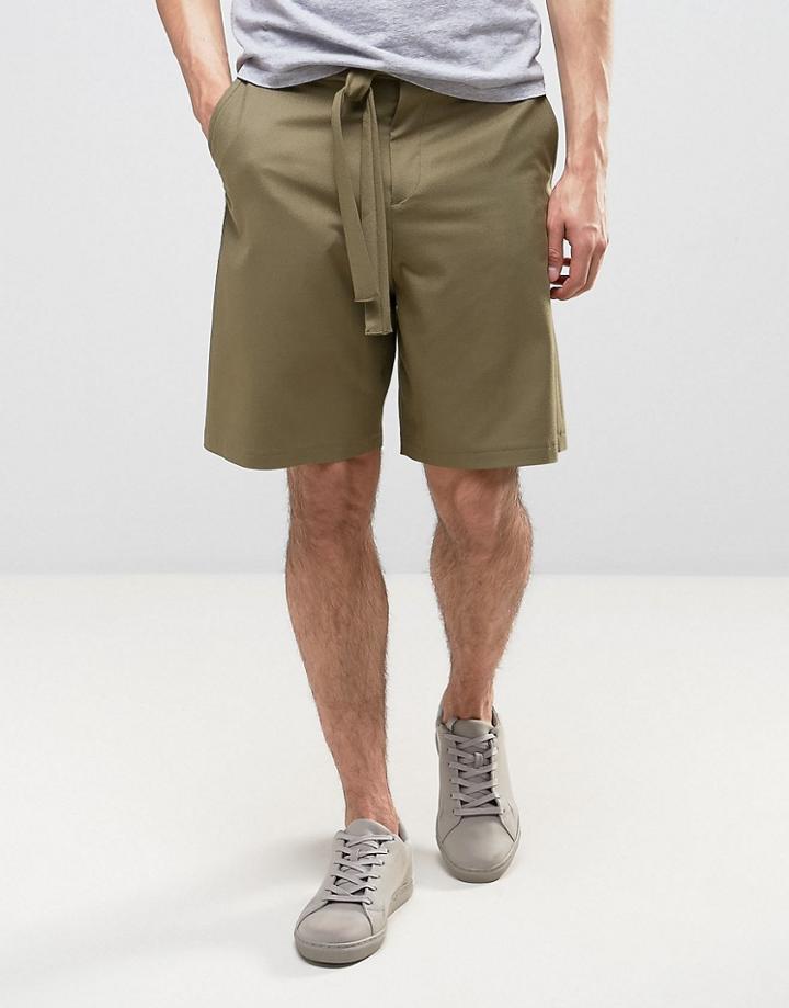 Asos Tailored Wide Leg Shorts With Self Fabric Tie Belt In Khaki - Green