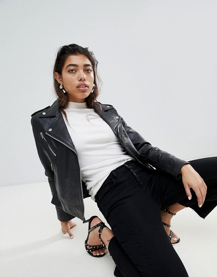 Mango Real Leather Biker Jacket - Black