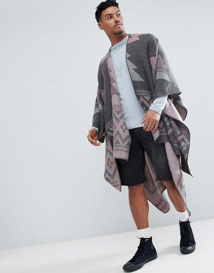 Asos Design Geo-tribal Cape In Gray - Multi