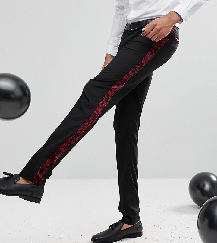 Asos Tall Skinny Tuxedo Suit Pants In Red Paisley Velvet - Black