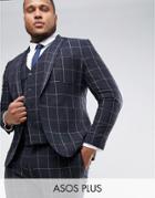 Asos Plus Super Skinny Suit Jacket In Navy Check With Nep - Navy