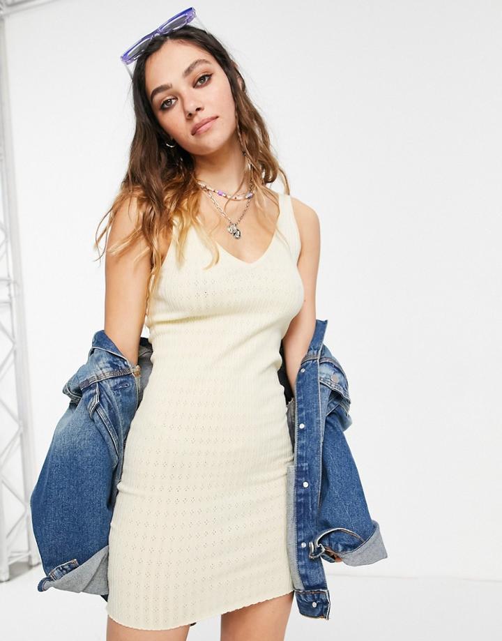Bershka V Neck Knitted Dress In Yellow