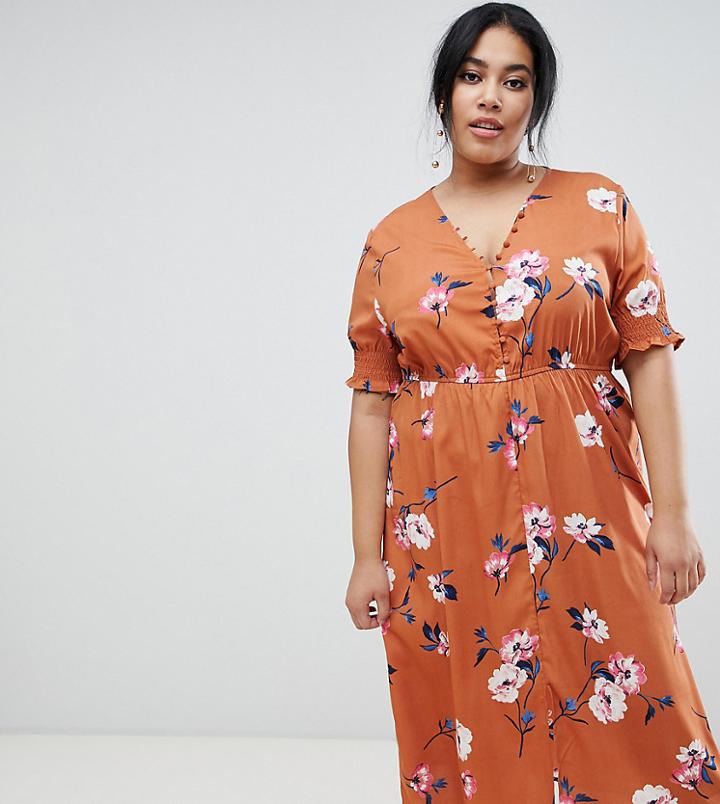 Influence Plus Shirred Sleeve Floral Midi Dress With Button Down Front - Red