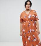Influence Plus Shirred Sleeve Floral Midi Dress With Button Down Front - Red