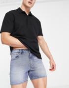 Asos Design Shorter Length Skinny Denim Shorts In Mid Blue Wash