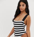 Asos Design Petite Recycled Square Neck Swimsuit In Mono Stripe Print - Multi