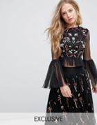 Lace & Beads Crop Top With Fluted Sleeve In 3d Embellishment - Black