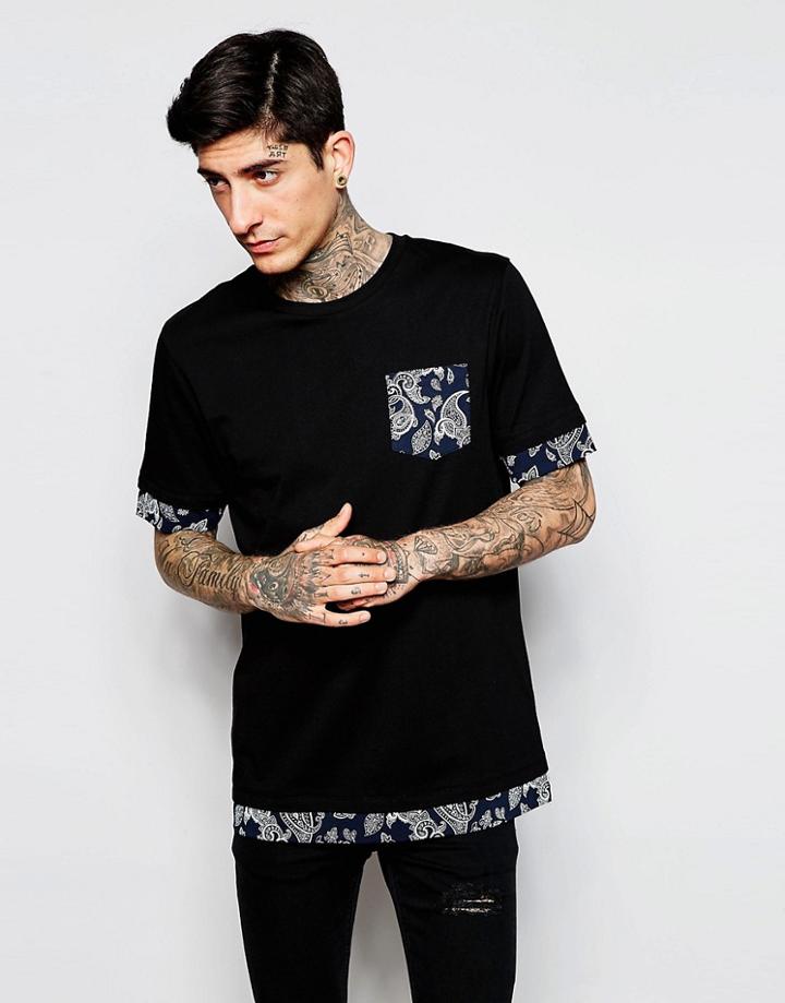 Asos Longline T-shirt With Printed Pocket And Double Layer Effect - Black