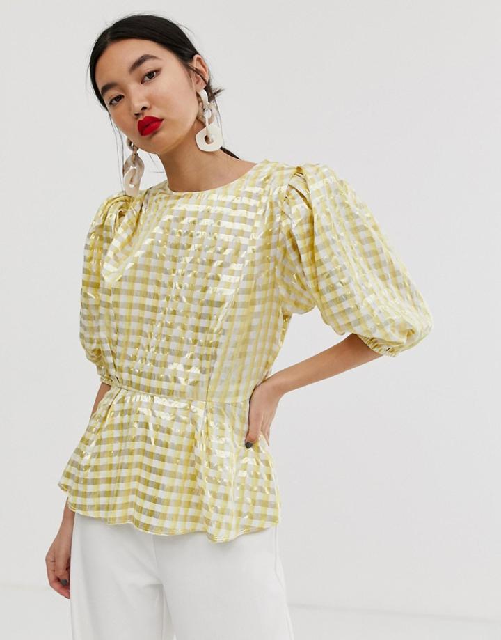 Asos White Metallic Gingham Top-yellow