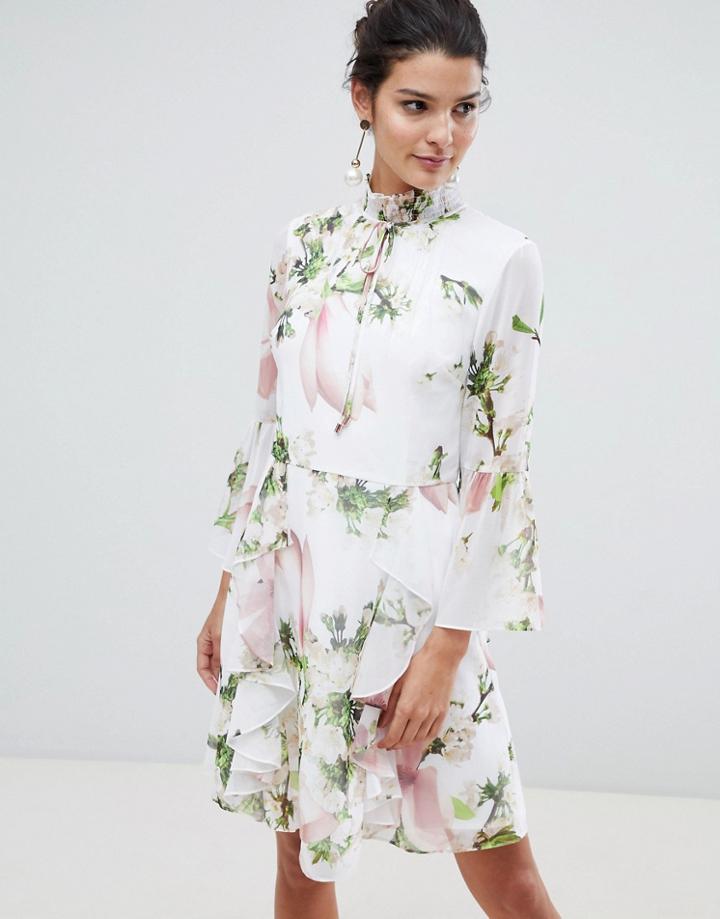 Ted Baker Ruffle Bow Neck Dress In Harmony Floral - Multi