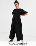 Asos Design Maternity Smock Jumpsuit With Frill Sleeve-black