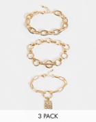 Reclaimed Vintage Inspired Mixed Chain Bracelet In Gold 3 Pack-multi