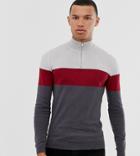 Asos Design Tall Knitted Half Zip Sweater In Gray Stripe