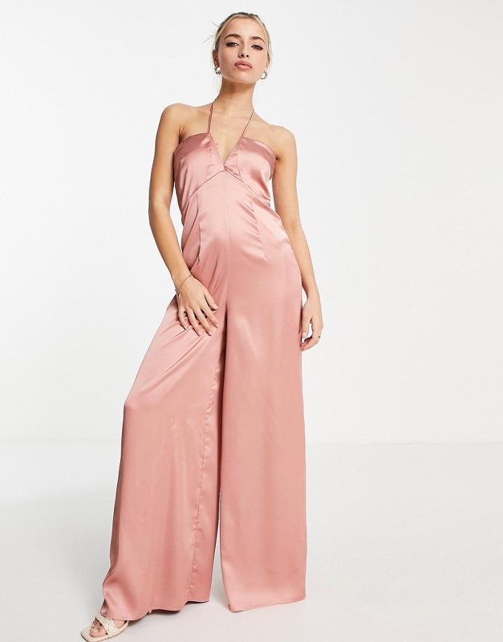 Miss Selfridge Satin Strappy Wide Leg Jumpsuit In Pink
