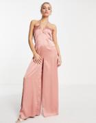 Miss Selfridge Satin Strappy Wide Leg Jumpsuit In Pink