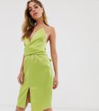 Asos Design Petite Cami Wrap Waist Midi Dress In Satin - Green