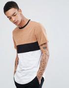 Asos Relaxed Longline Roll Sleeve T-shirt With Color Block In Interest Fabric In Rust - Tan