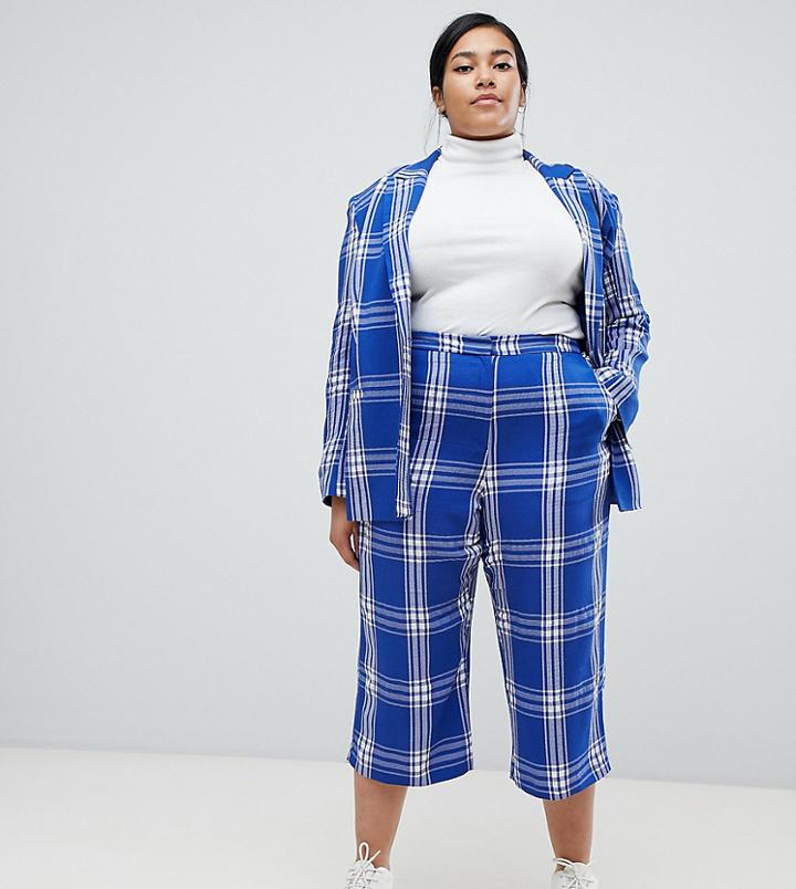 Asos Design Curve Tailored Blue Picnic Check Cropped Wide Leg Pants - Multi