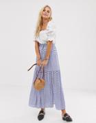 En Creme Maxi Skirt In Gingham With Thigh Split And Tie Waist-blue