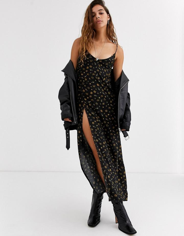 Motel Maxi Cami Dress With Split In Astrology Print-black