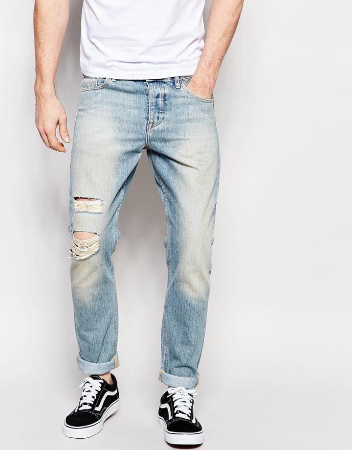 Asos Slim Jeans With Rip And Repair In Green Caste Light Blue - Light Blue