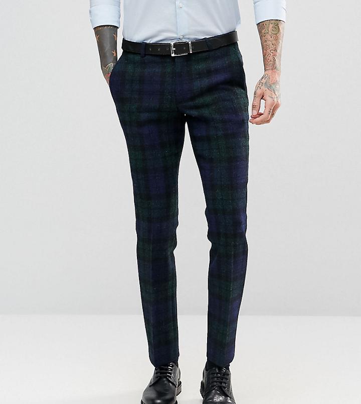 Noose & Monkey Harris Tweed Super Skinny Suit Pants In Plaid - Navy