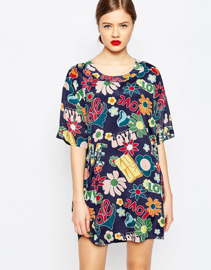 Love Moschino Hippie Love Print Woven Shift Dress - Blue Base Print