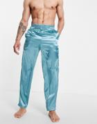 Asos Design Lounge Satin Pants In Blue With Thick Waistband-grey