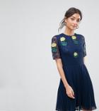 Asos Tall Premium Embroidered Mini Pleat And Lace Dress - Blue