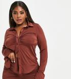 Asos Design Curve Slinky Slim Fitted Shirt With Ruching-brown