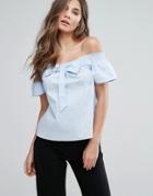 Qed London Off The Shoulder Top With Bow Detail - Blue