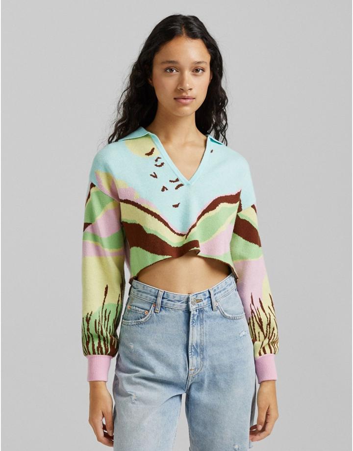 Bershka Collar Detail Retro Graphic Sweater In Multi