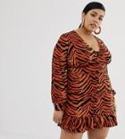 Asos Design Curve Button Through Skater Mini Dress With Pep Hem In Tiger Print - Multi